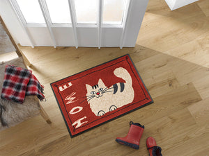 Bild in Slideshow öffnen, rote Fußmatte mit Katzenmotiv und Schrift &quot;HOME&quot; im Eingangsbereich
