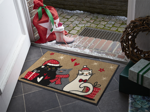 Bild in Slideshow öffnen, Fußmatte mit Katzenmotiv in festich-weihnachtlichem Stil im Eingangsbereich
