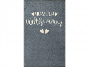 Fußmatte "Herzensgruss hoch" in grau mit Text " HERZLICH Willkommen" und Herzen in weiß