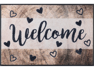 Fußmatte mit Aufschrift "welcome" mit Holz